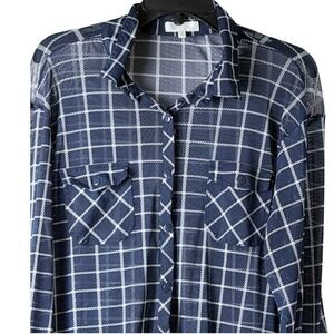 Evan Picone Button Down Women 1X Navy Blue Grid Print Sheer Roll Tab Mesh Top
